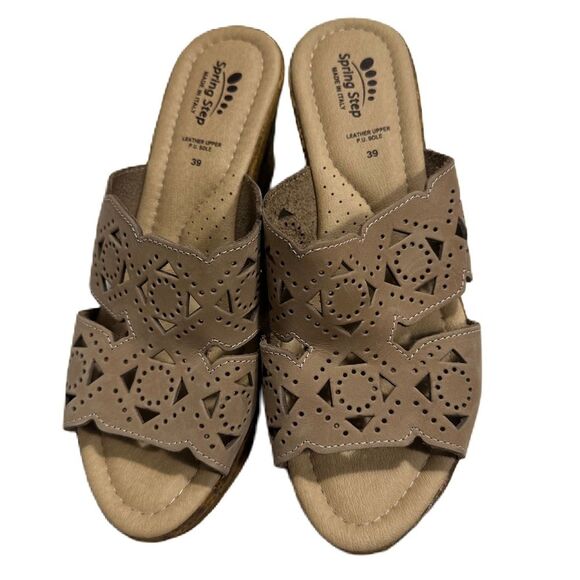 Spring Step Womens Flamyo Slide Italian Leather Cutout Beige Wedge Sandals EU 39 - Picture 4 of 11